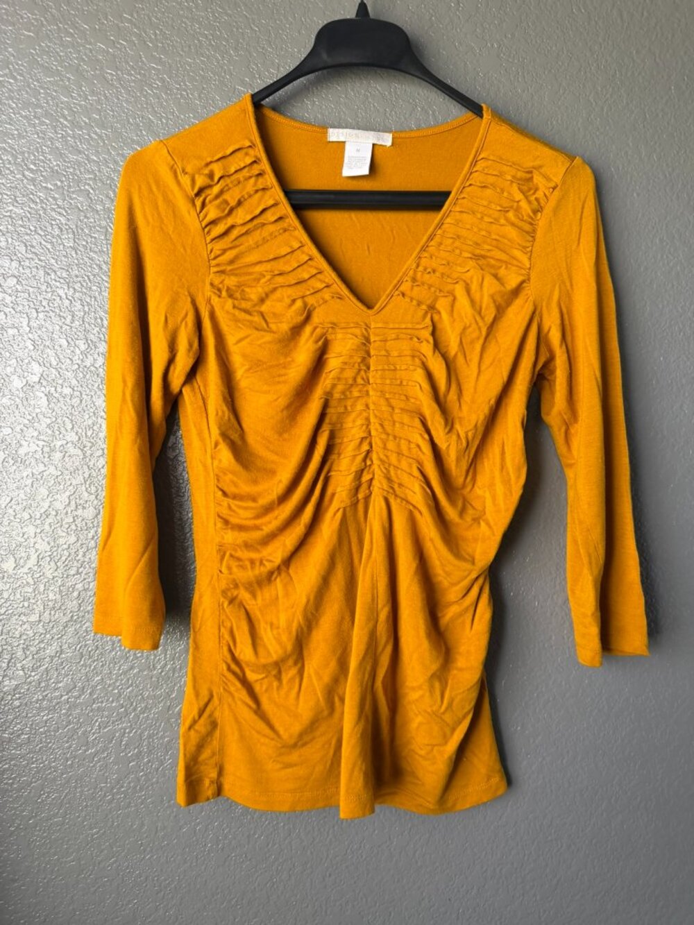 Design History Mustard Yellow Ruched V-Neck Top Women’s Medium